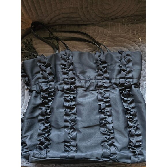 Banana Republic Black Nylon Ruffle Tote Cinch Bag - Picture 3 of 5